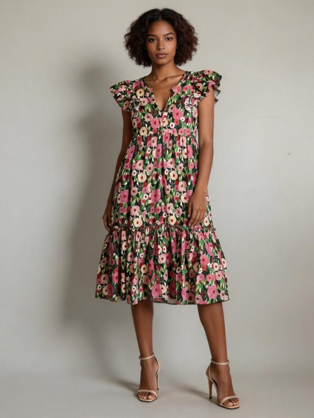 EASEL LA | Pink & Green Floral Ruffle Sleeve Tunic Dress Sz S